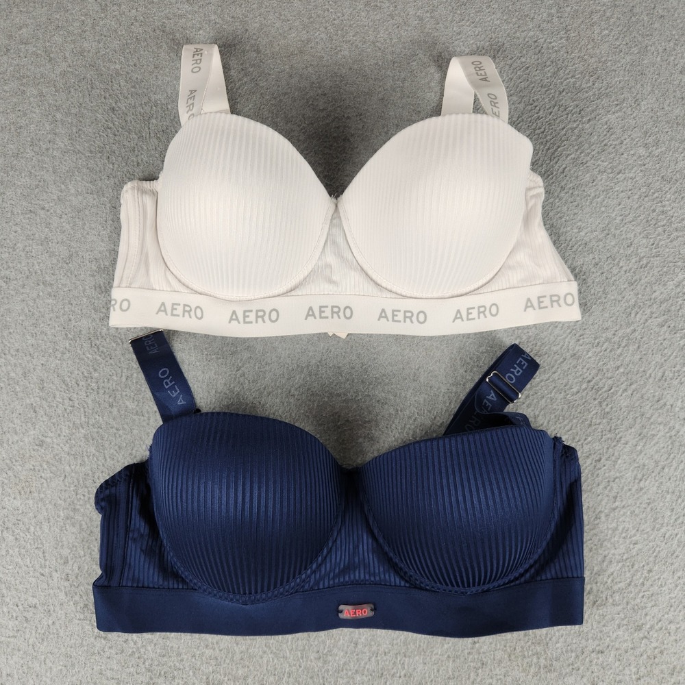 Aeropostale Push Up Bra Womens 38C Navy White Ribbed Adjustable Strap Lot of 2